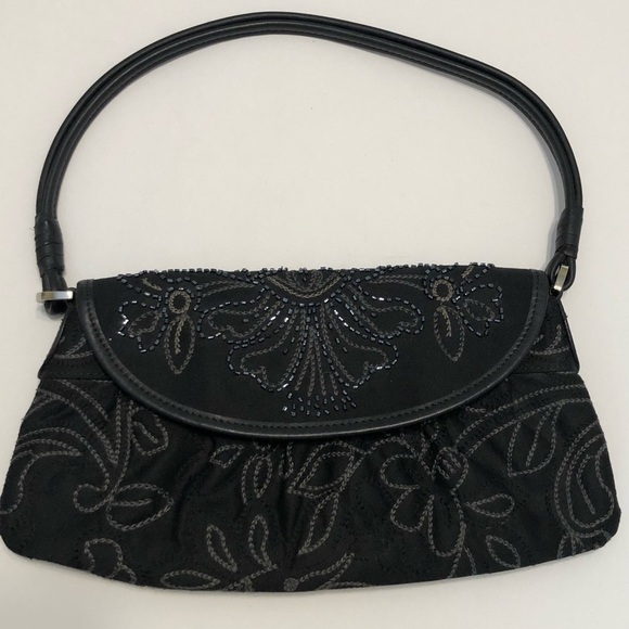 TALBOTS Black Bag With Cream Needlpoint and Adorned with Beautiful Blue Beeding - Picture 1 of 12